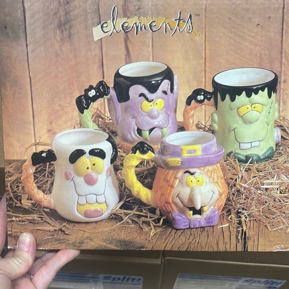 Elements Halloween ceramic mugs set of 4 unique witch monster ghoul hand wash